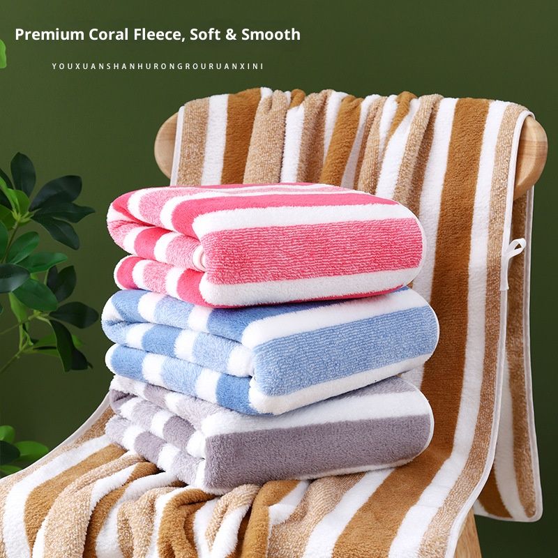 2 Pcs Soft Absorbent Coral Fleece Towel Set Two Pieces Skin Friendly Non Pilling Thickened Bath Towel Face Towel Striped Design Comfortable New Arrival