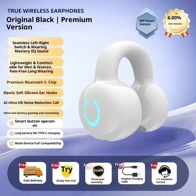 Wireless Bluetooth Clip-On Sports Headphone Universal Left-Right Ears Long Battery Life Waterproof Dustproof Silicone Skin-Friendly HIFI HD Lossless Sound Touch Control For All Phones