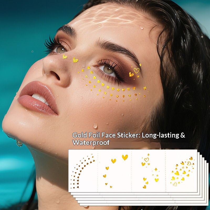 4 Piece Makeup Face Stickers Set Gold Foil Eye Corner Temporary Tattoos Quick Application Waterproof Long Lasting Shiny Sparkle For Party Festival