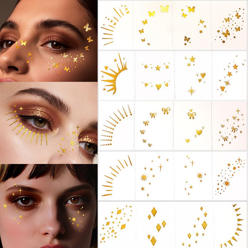4 Piece Makeup Face Stickers Set Gold Foil Eye Corner Temporary Tattoos Quick Application Waterproof Long Lasting Shiny Sparkle For Party Festival