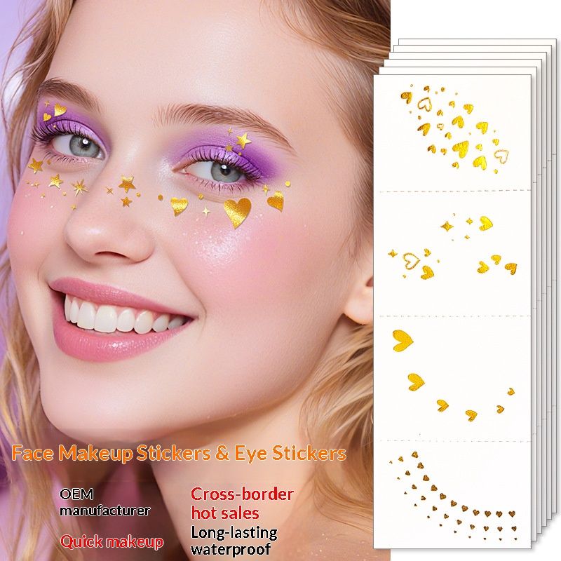 4 Piece Makeup Face Stickers Set Gold Foil Eye Corner Temporary Tattoos Quick Application Waterproof Long Lasting Shiny Sparkle For Party Festival