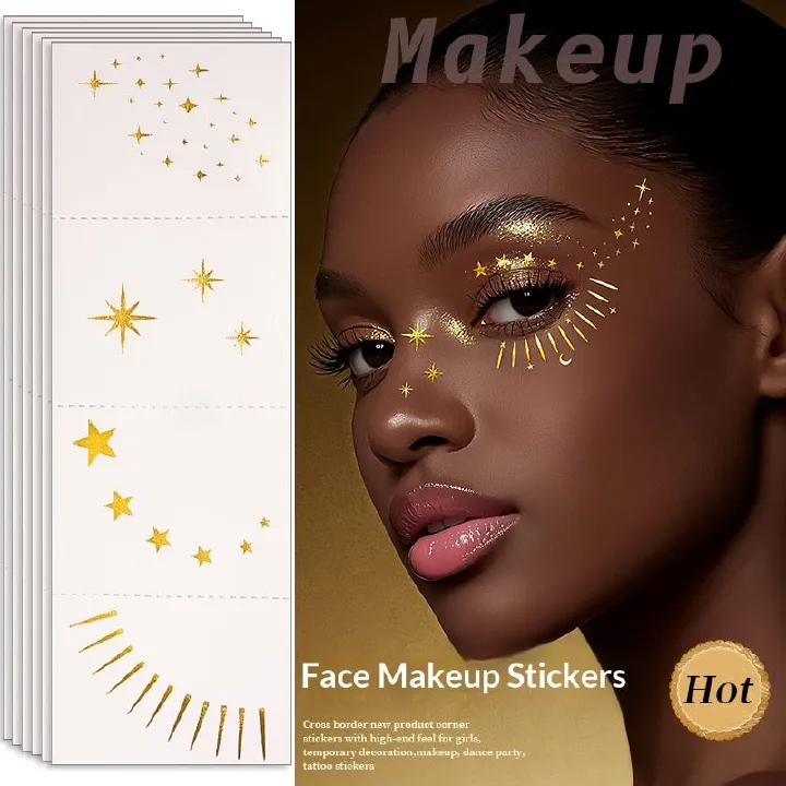 4 Piece Makeup Face Stickers Set Gold Foil Eye Corner Temporary Tattoos Quick Application Waterproof Long Lasting Shiny Sparkle For Party Festival