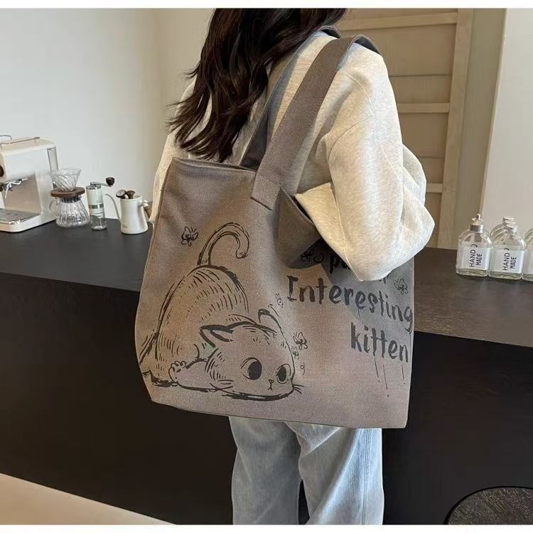 Casual Large Capacity Canvas Tote Bag New Fashion Cute Cat Print Handheld Shopping Bag Commuting Shoulder Bag Reusable Daily Tote for Travel and Outings