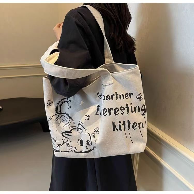 Casual Large Capacity Canvas Tote Bag New Fashion Cute Cat Print Handheld Shopping Bag Commuting Shoulder Bag Reusable Daily Tote for Travel and Outings