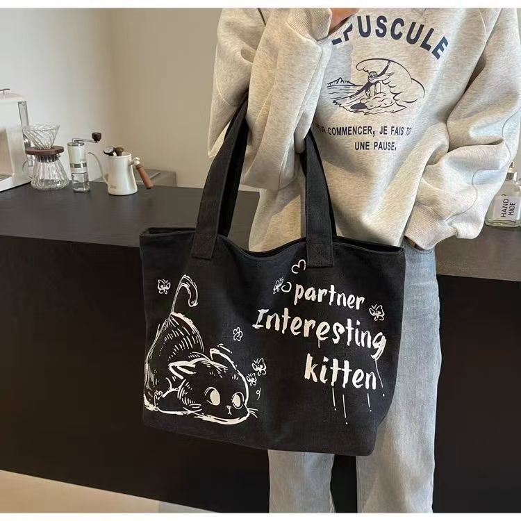 Casual Large Capacity Canvas Tote Bag New Fashion Cute Cat Print Handheld Shopping Bag Commuting Shoulder Bag Reusable Daily Tote for Travel and Outings