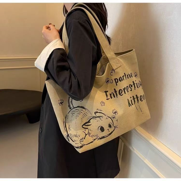 Casual Large Capacity Canvas Tote Bag New Fashion Cute Cat Print Handheld Shopping Bag Commuting Shoulder Bag Reusable Daily Tote for Travel and Outings