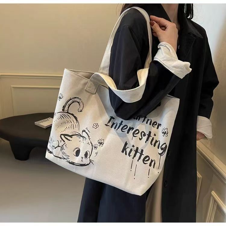 Casual Large Capacity Canvas Tote Bag New Fashion Cute Cat Print Handheld Shopping Bag Commuting Shoulder Bag Reusable Daily Tote for Travel and Outings