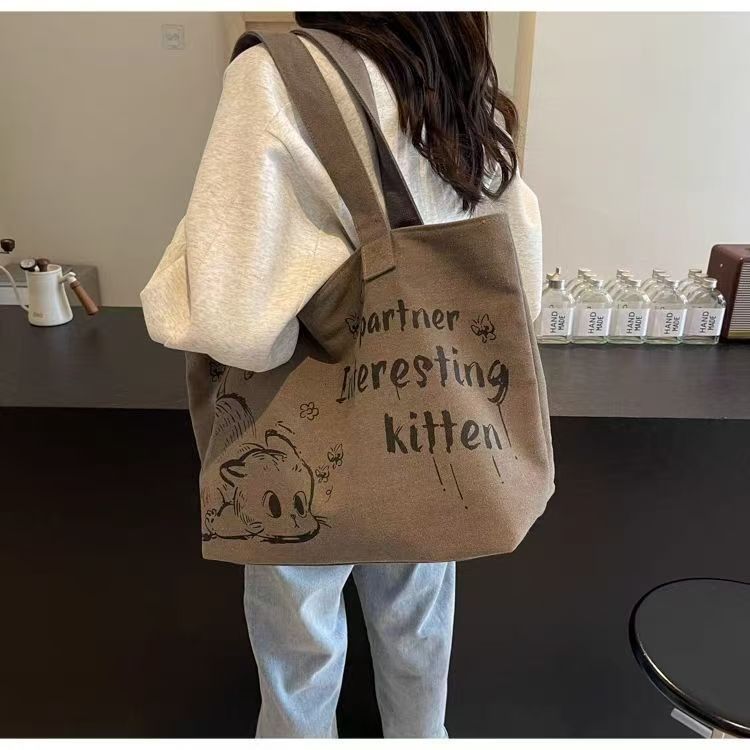 Casual Large Capacity Canvas Tote Bag New Fashion Cute Cat Print Handheld Shopping Bag Commuting Shoulder Bag Reusable Daily Tote for Travel and Outings