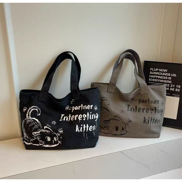Casual Large Capacity Canvas Tote Bag New Fashion Cute Cat Print Handheld Shopping Bag Commuting Shoulder Bag Reusable Daily Tote for Travel and Outings