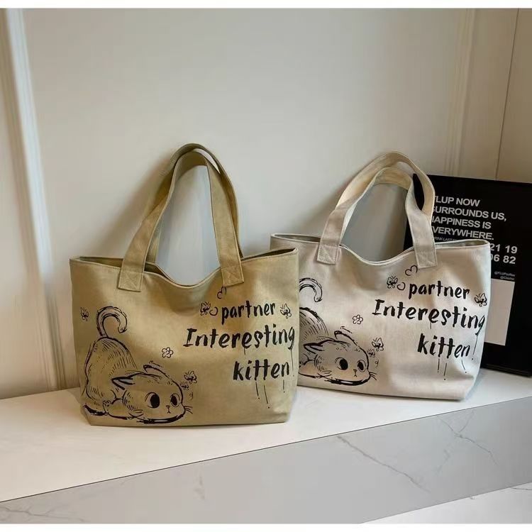 Casual Large Capacity Canvas Tote Bag New Fashion Cute Cat Print Handheld Shopping Bag Commuting Shoulder Bag Reusable Daily Tote for Travel and Outings