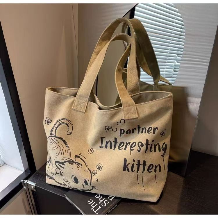 Casual Large Capacity Canvas Tote Bag New Fashion Cute Cat Print Handheld Shopping Bag Commuting Shoulder Bag Reusable Daily Tote for Travel and Outings