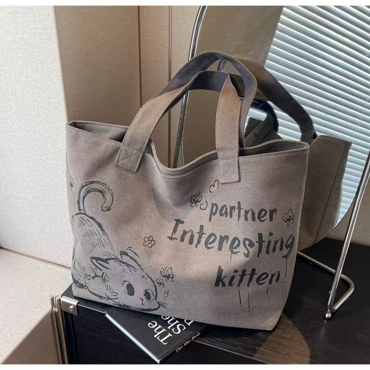 Casual Large Capacity Canvas Tote Bag New Fashion Cute Cat Print Handheld Shopping Bag Commuting Shoulder Bag Reusable Daily Tote for Travel and Outings