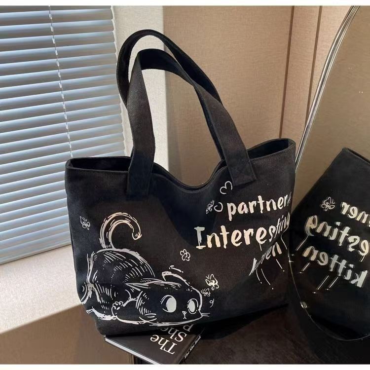 Casual Large Capacity Canvas Tote Bag New Fashion Cute Cat Print Handheld Shopping Bag Commuting Shoulder Bag Reusable Daily Tote for Travel and Outings