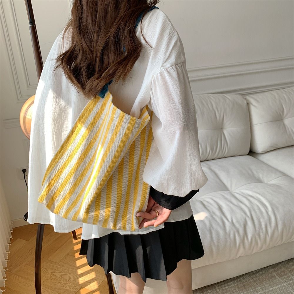 Summer Fresh Style Canvas Shoulder Bag for Women New Color Block Striped Large Capacity Tote Bag with Pleated Shoulder Strap Dopamine Outfit Fashion Handbag for Shopping, Travel, Daily Use