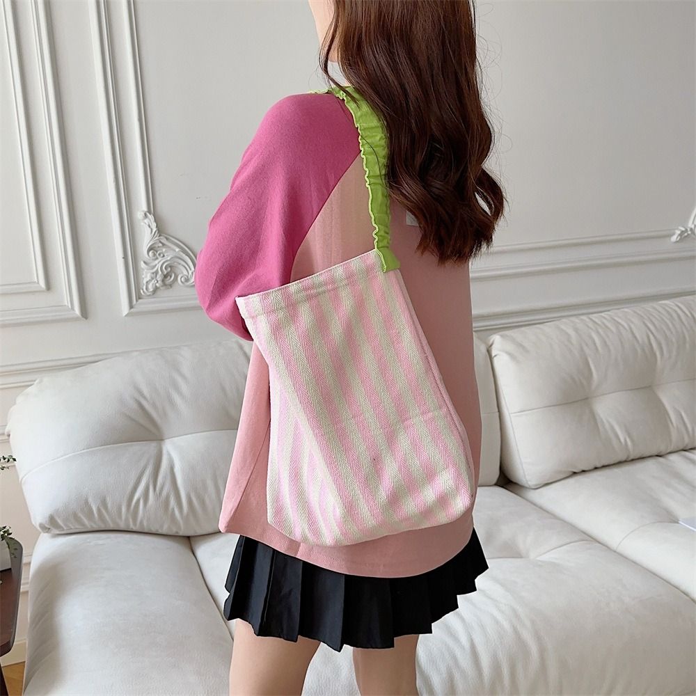 Summer Fresh Style Canvas Shoulder Bag for Women New Color Block Striped Large Capacity Tote Bag with Pleated Shoulder Strap Dopamine Outfit Fashion Handbag for Shopping, Travel, Daily Use