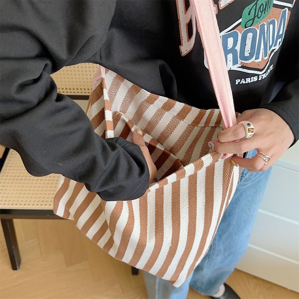 Summer Fresh Style Canvas Shoulder Bag for Women New Color Block Striped Large Capacity Tote Bag with Pleated Shoulder Strap Dopamine Outfit Fashion Handbag for Shopping, Travel, Daily Use