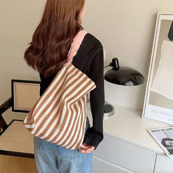 Summer Fresh Style Canvas Shoulder Bag for Women New Color Block Striped Large Capacity Tote Bag with Pleated Shoulder Strap Dopamine Outfit Fashion Handbag for Shopping, Travel, Daily Use