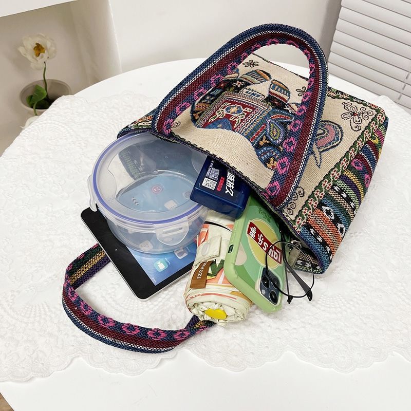 Ethnic Style Elephant Embroidered Handbag for Women Small Canvas Tote with Animal Embroidery Durable Hand Carry Bag for Work and Casual Daily Use Canvas Bag