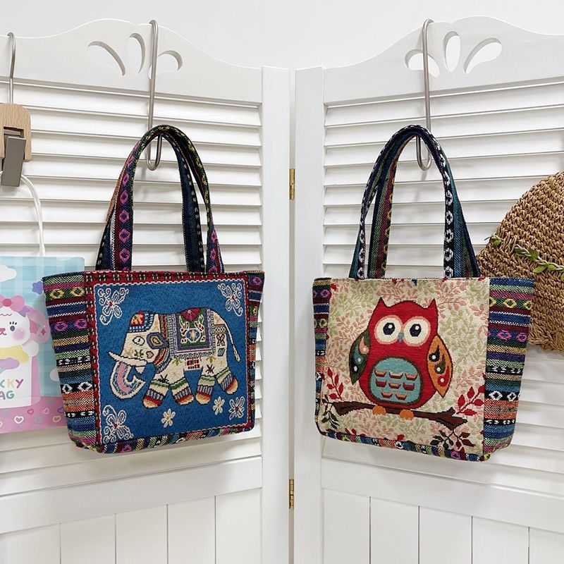 Ethnic Style Elephant Embroidered Handbag for Women Small Canvas Tote with Animal Embroidery Durable Hand Carry Bag for Work and Casual Daily Use Canvas Bag