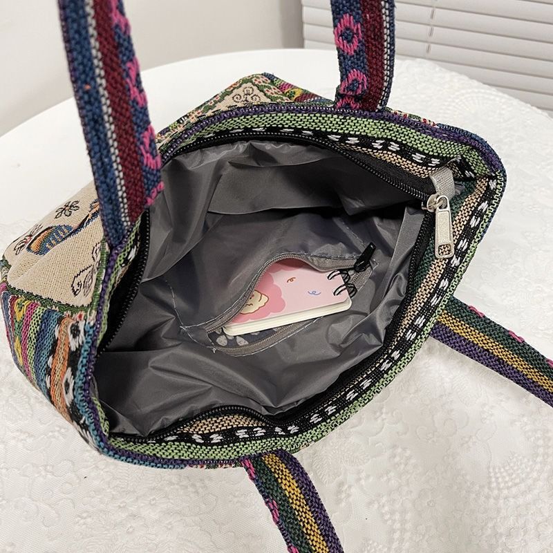 Ethnic Style Elephant Embroidered Handbag for Women Small Canvas Tote with Animal Embroidery Durable Hand Carry Bag for Work and Casual Daily Use Canvas Bag