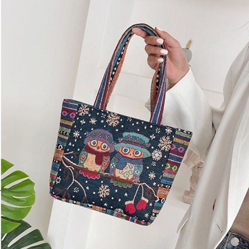 Ethnic Style Elephant Embroidered Handbag for Women Small Canvas Tote with Animal Embroidery Durable Hand Carry Bag for Work and Casual Daily Use Canvas Bag