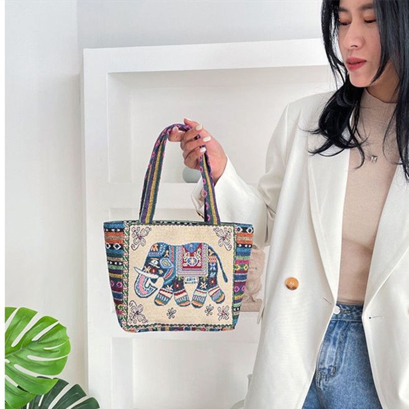Ethnic Style Elephant Embroidered Handbag for Women Small Canvas Tote with Animal Embroidery Durable Hand Carry Bag for Work and Casual Daily Use Canvas Bag