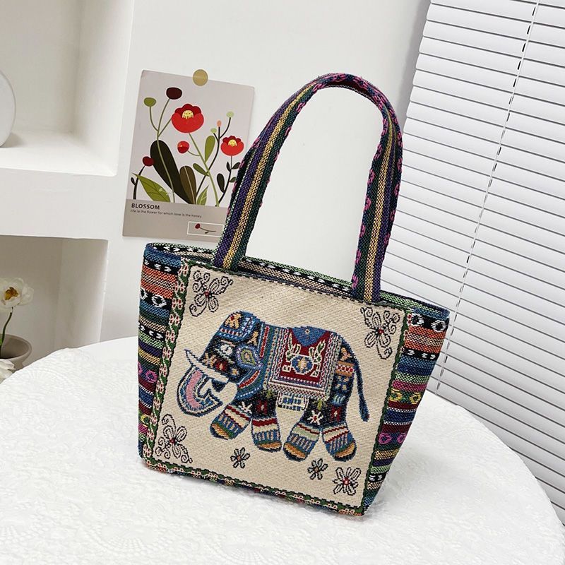 Ethnic Style Elephant Embroidered Handbag for Women Small Canvas Tote with Animal Embroidery Durable Hand Carry Bag for Work and Casual Daily Use Canvas Bag