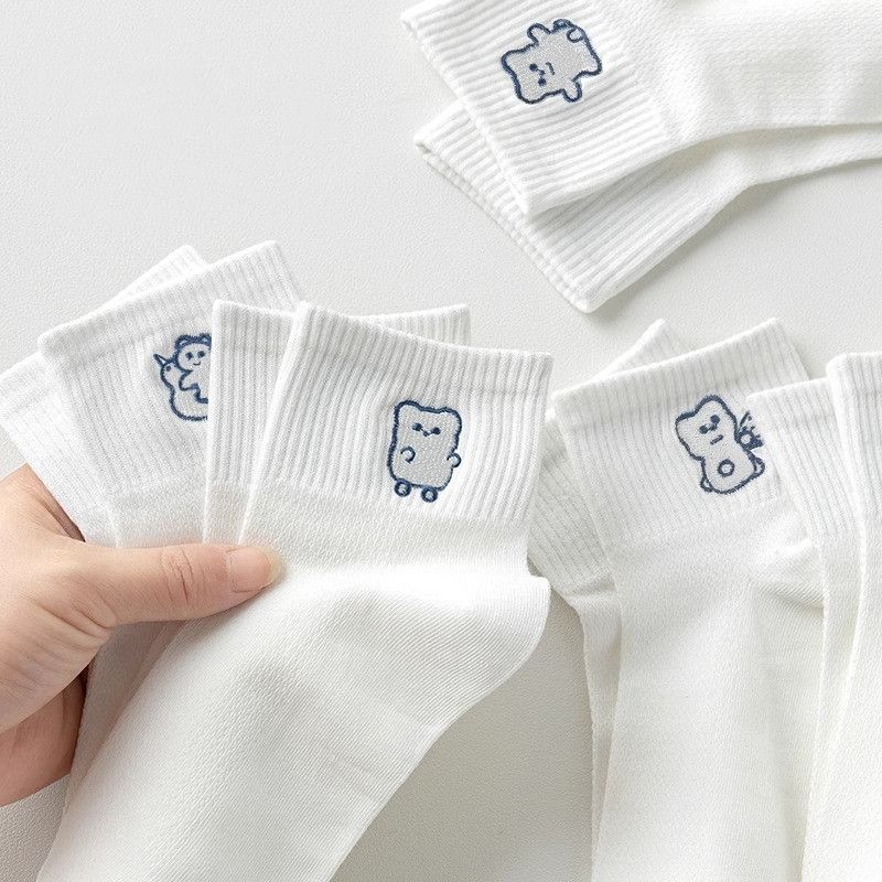 5 Pairs Women’s Socks Spring Autumn Thin Mesh Breathable Cartoon Socks Cute Girls Summer White Ankle Socks INS Trend Casual Short Socks for Ladies