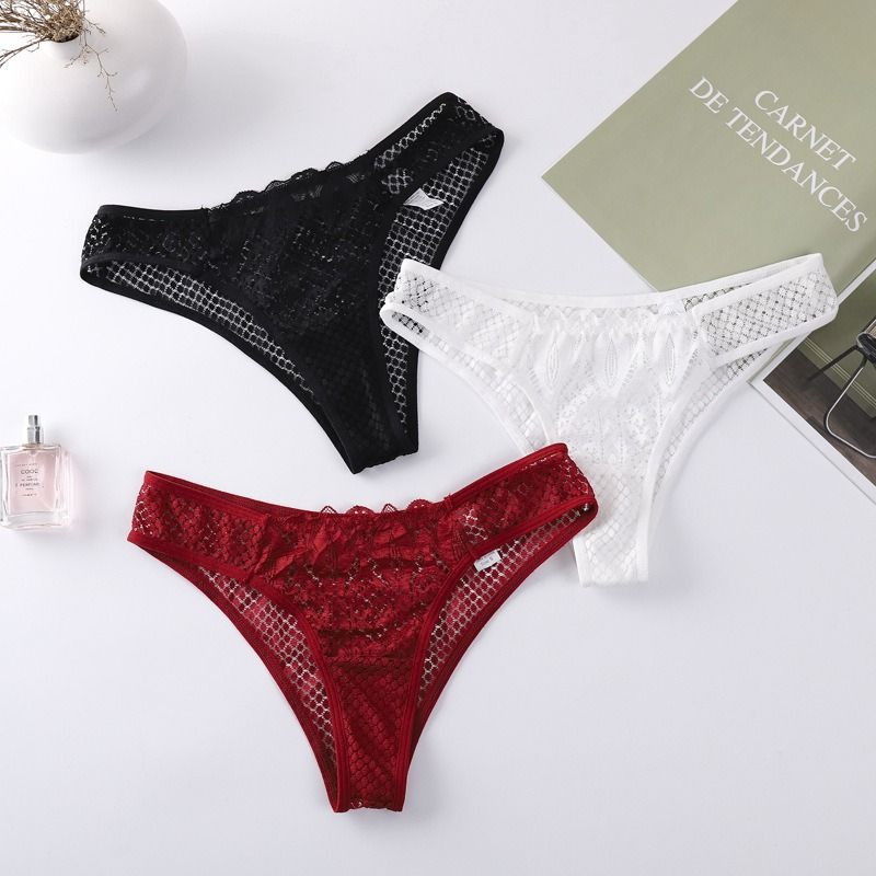 4 Pack Women’s Lace Thong Panties Luxury Sexy Sheer Floral Trim G-String Underwear Transparent Hollow Out Triangle Briefs Plus Size Lingerie for Ladies High Quality