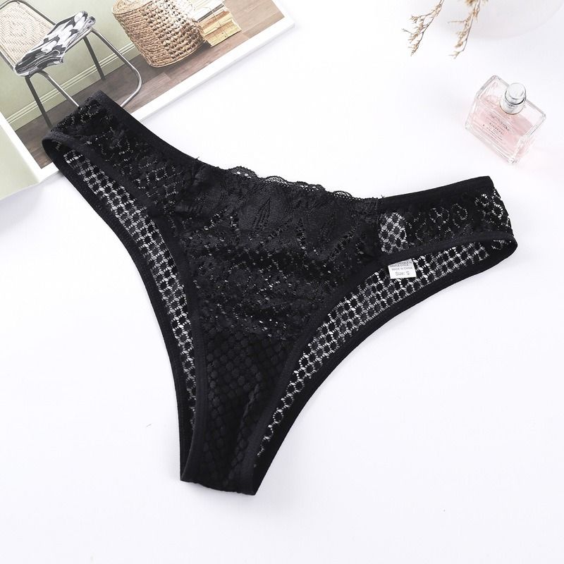 4 Pack Women’s Lace Thong Panties Luxury Sexy Sheer Floral Trim G-String Underwear Transparent Hollow Out Triangle Briefs Plus Size Lingerie for Ladies High Quality