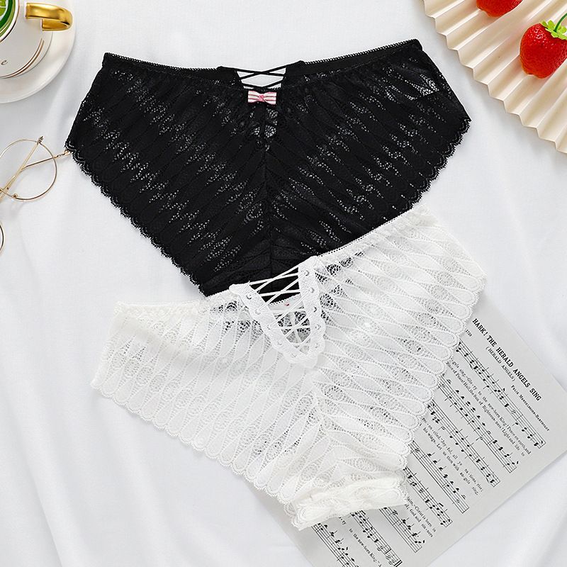 2 Pack Women’s Lace Panties Mid-Low Waist Cross Strap Triangle Briefs Sexy Sheer Floral Lace Underwear Plus Size Comfortable Lingerie for Ladies