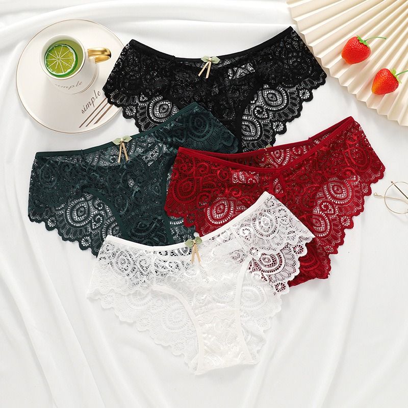 2 Pack Hot Sale Women’s Lace Briefs Luxury Floral Lace Panties with Teardrop Hollow Design Sexy Mid-Waist Triangle Underwear Plus Size Comfortable Durable Quality Lingerie for Ladies Sexy Panties