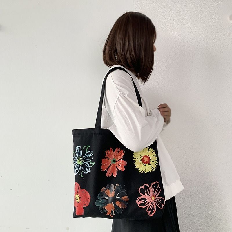 European Style Minimalist Canvas Tote Bag for Women Abstract Floral Hand Painted Shoulder Bag Washable Colorfast Cotton Canvas Student School Book Bag Casual Artistic Eco Reusable Durable Cloth Bag