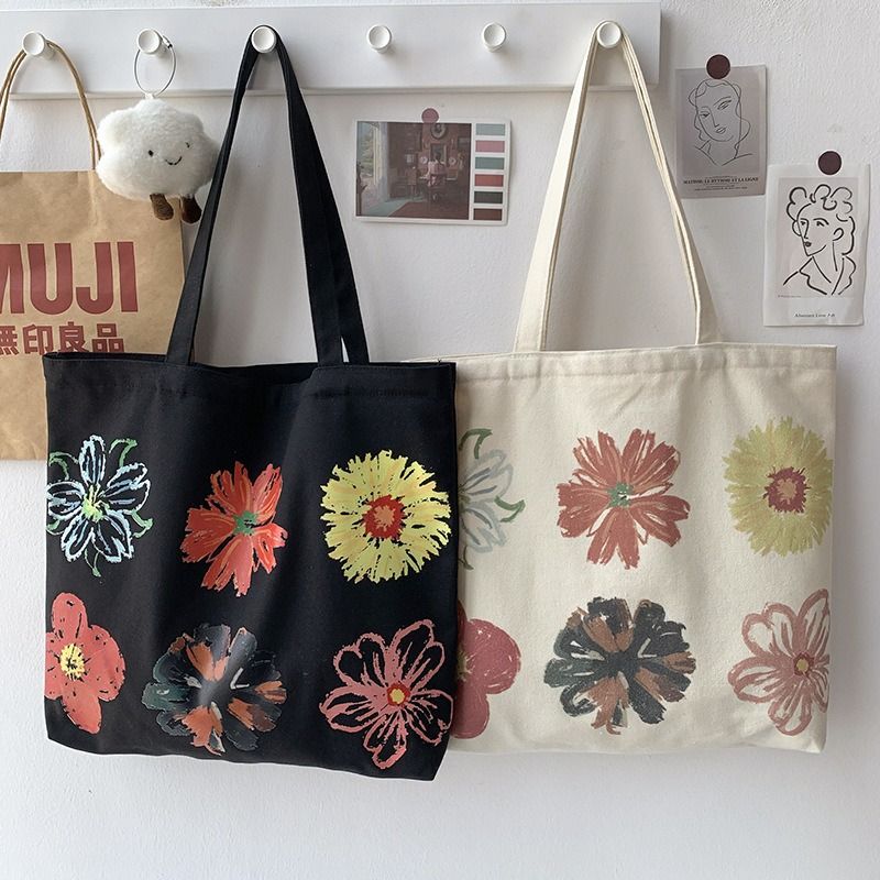 European Style Minimalist Canvas Tote Bag for Women Abstract Floral Hand Painted Shoulder Bag Washable Colorfast Cotton Canvas Student School Book Bag Casual Artistic Eco Reusable Durable Cloth Bag