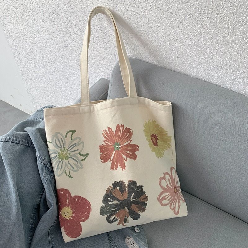 European Style Minimalist Canvas Tote Bag for Women Abstract Floral Hand Painted Shoulder Bag Washable Colorfast Cotton Canvas Student School Book Bag Casual Artistic Eco Reusable Durable Cloth Bag