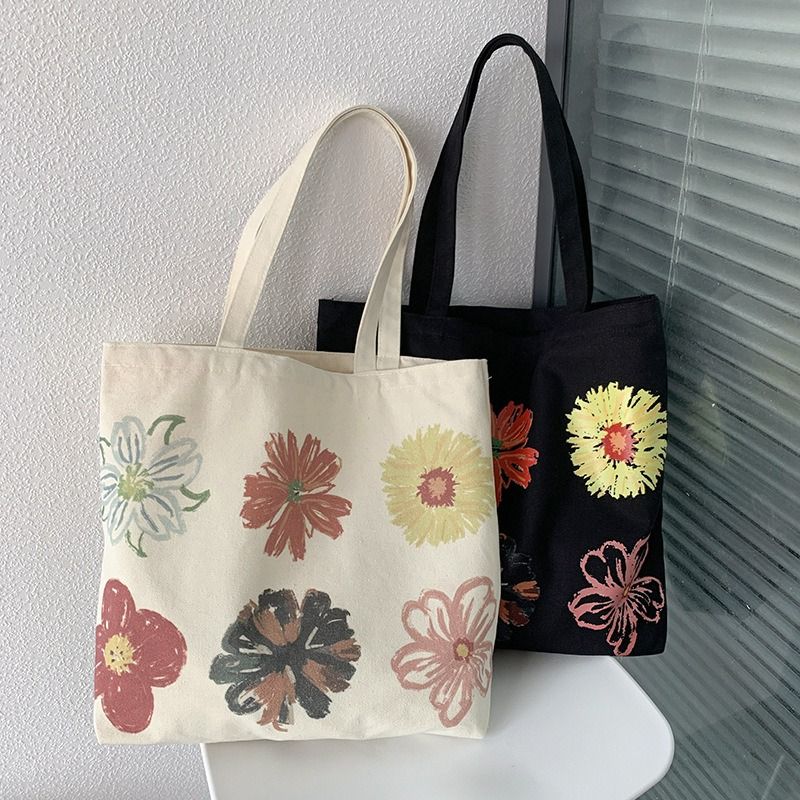 European Style Minimalist Canvas Tote Bag for Women Abstract Floral Hand Painted Shoulder Bag Washable Colorfast Cotton Canvas Student School Book Bag Casual Artistic Eco Reusable Durable Cloth Bag