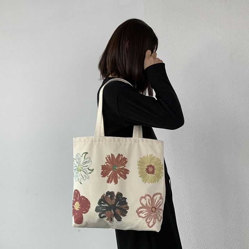 European Style Minimalist Canvas Tote Bag for Women Abstract Floral Hand Painted Shoulder Bag Washable Colorfast Cotton Canvas Student School Book Bag Casual Artistic Eco Reusable Durable Cloth Bag