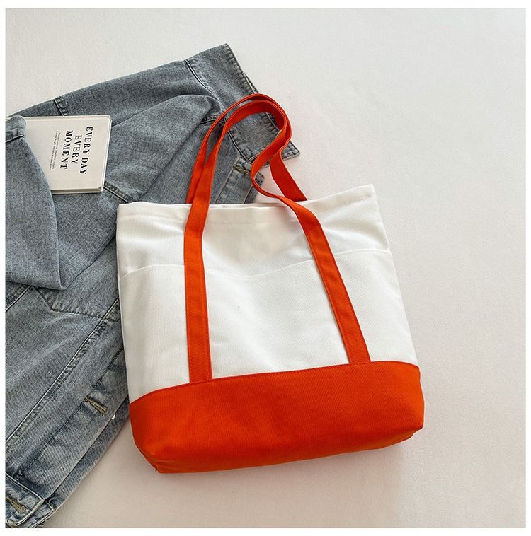 Canvas Tote Bag with an External Pocket Reusable Grocery Shopping Bag Top Zipper Closure Daily Essentials Large Capacity Color Block Canvas Bag Fashion Shoulder Bag Vertical Square Bag for Women