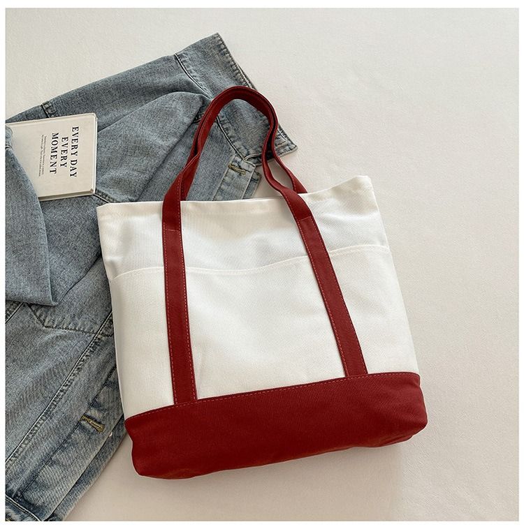 Canvas Tote Bag with an External Pocket Reusable Grocery Shopping Bag Top Zipper Closure Daily Essentials Large Capacity Color Block Canvas Bag Fashion Shoulder Bag Vertical Square Bag for Women