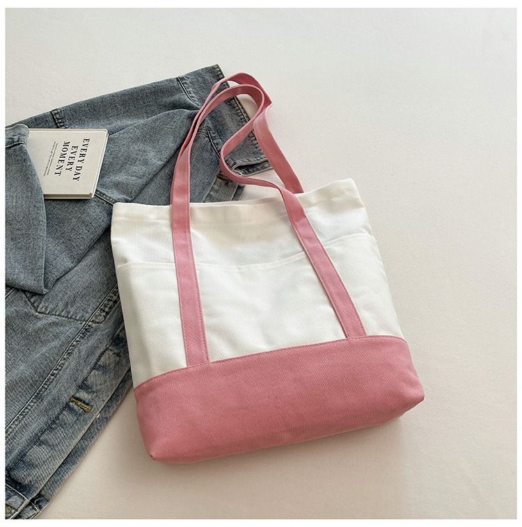 Canvas Tote Bag with an External Pocket Reusable Grocery Shopping Bag Top Zipper Closure Daily Essentials Large Capacity Color Block Canvas Bag Fashion Shoulder Bag Vertical Square Bag for Women