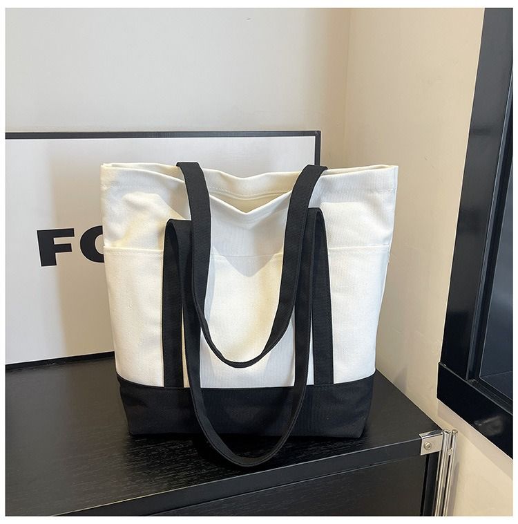 Canvas Tote Bag with an External Pocket Reusable Grocery Shopping Bag Top Zipper Closure Daily Essentials Large Capacity Color Block Canvas Bag Fashion Shoulder Bag Vertical Square Bag for Women