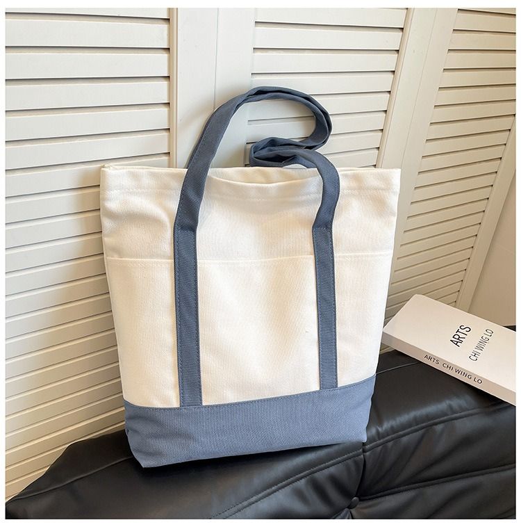 Canvas Tote Bag with an External Pocket Reusable Grocery Shopping Bag Top Zipper Closure Daily Essentials Large Capacity Color Block Canvas Bag Fashion Shoulder Bag Vertical Square Bag for Women