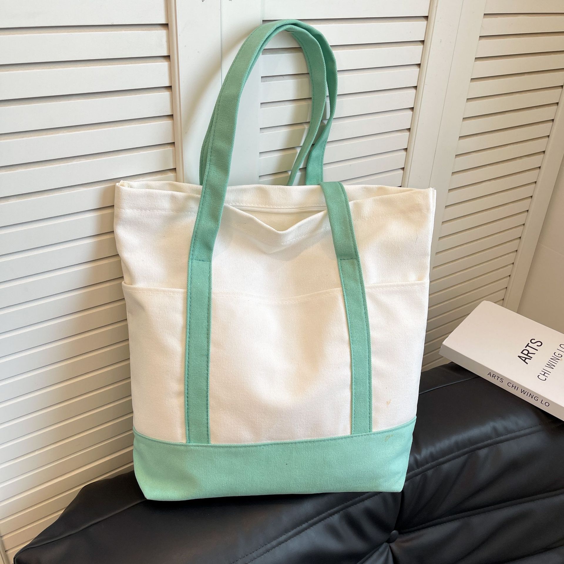 Canvas Tote Bag with an External Pocket Reusable Grocery Shopping Bag Top Zipper Closure Daily Essentials Large Capacity Color Block Canvas Bag Fashion Shoulder Bag Vertical Square Bag for Women