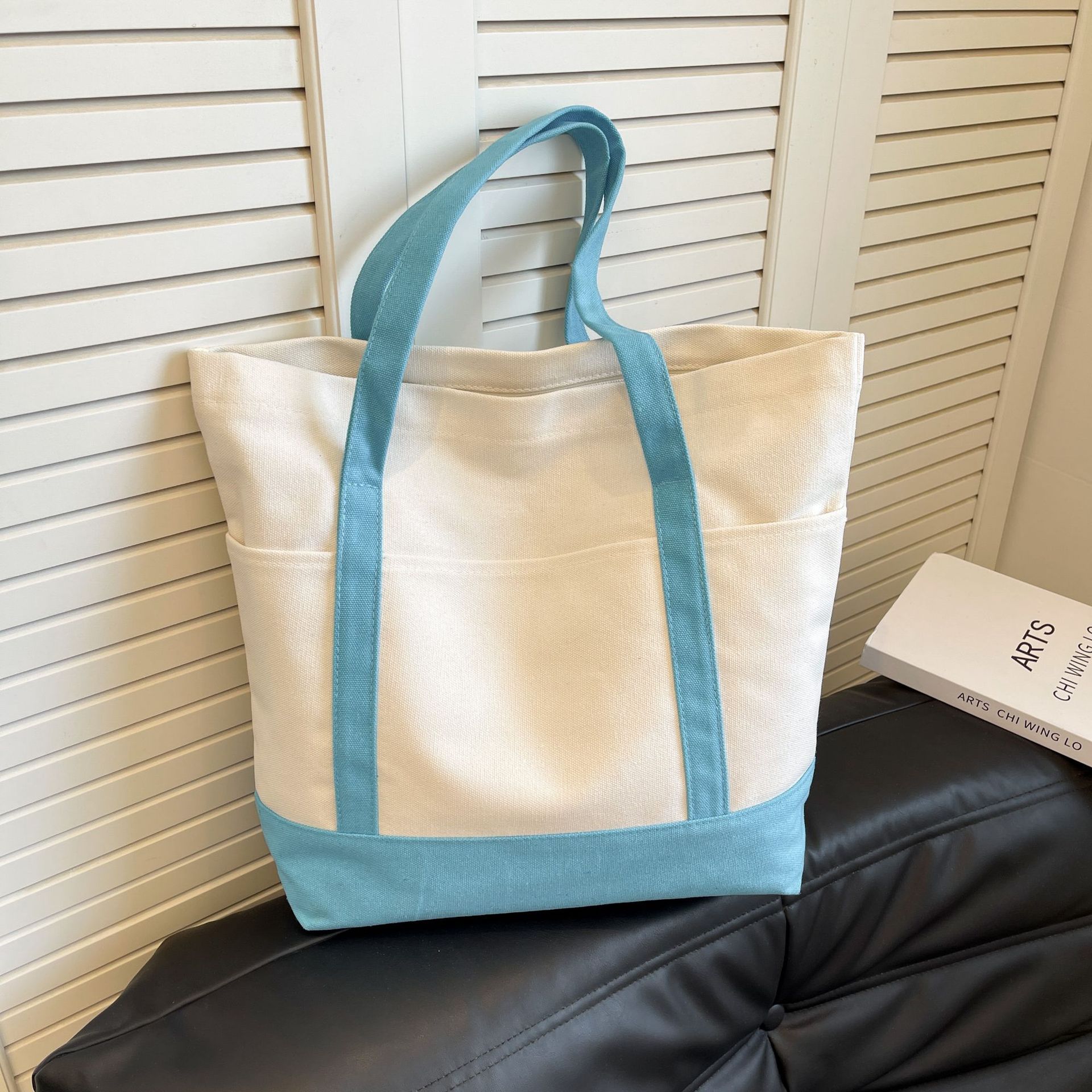 Canvas Tote Bag with an External Pocket Reusable Grocery Shopping Bag Top Zipper Closure Daily Essentials Large Capacity Color Block Canvas Bag Fashion Shoulder Bag Vertical Square Bag for Women