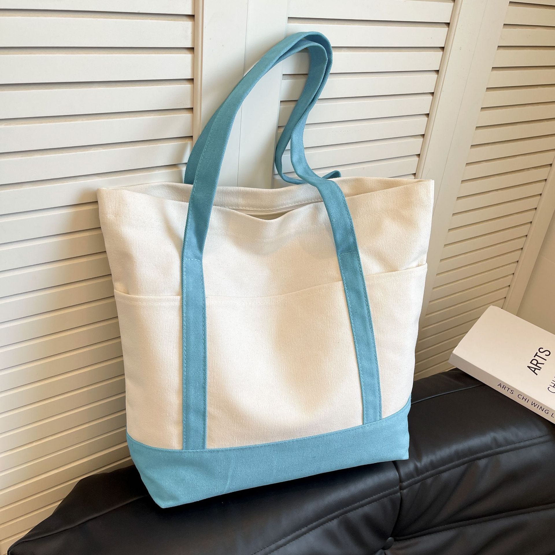 Canvas Tote Bag with an External Pocket Reusable Grocery Shopping Bag Top Zipper Closure Daily Essentials Large Capacity Color Block Canvas Bag Fashion Shoulder Bag Vertical Square Bag for Women