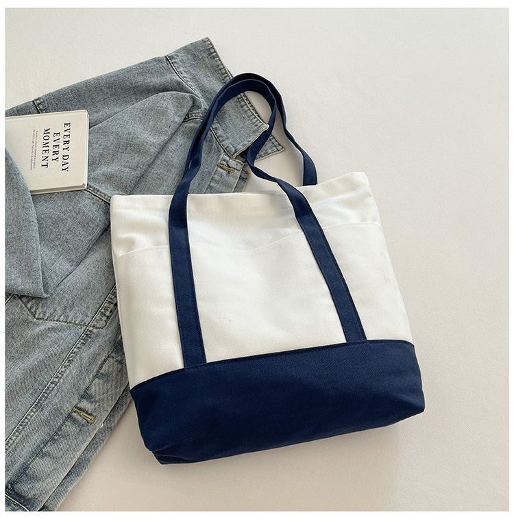 Canvas Tote Bag with an External Pocket Reusable Grocery Shopping Bag Top Zipper Closure Daily Essentials Large Capacity Color Block Canvas Bag Fashion Shoulder Bag Vertical Square Bag for Women