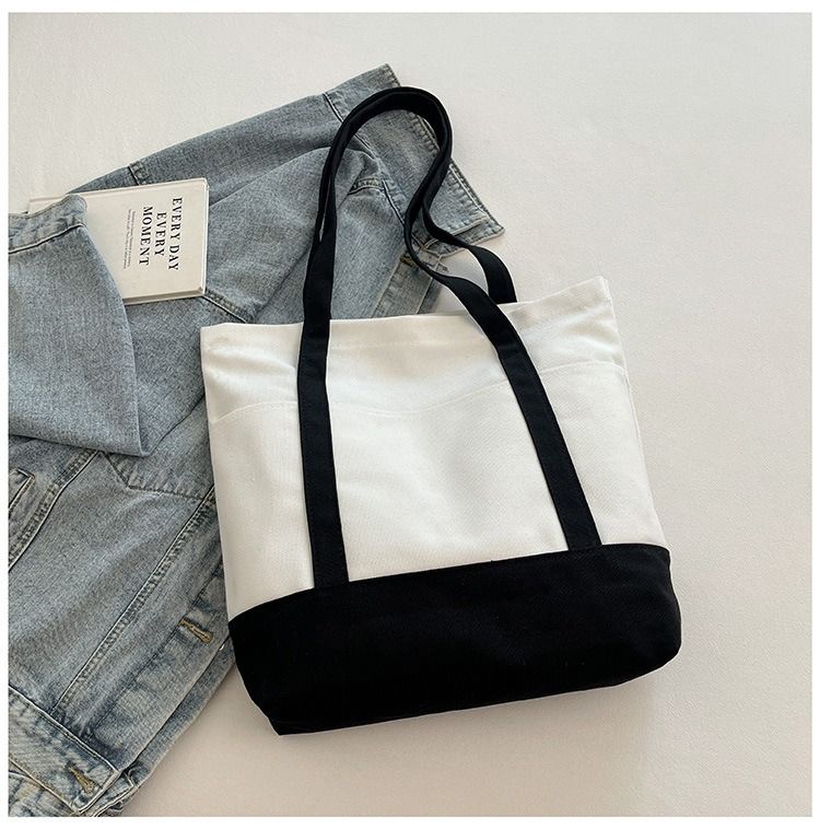 Canvas Tote Bag with an External Pocket Reusable Grocery Shopping Bag Top Zipper Closure Daily Essentials Large Capacity Color Block Canvas Bag Fashion Shoulder Bag Vertical Square Bag for Women