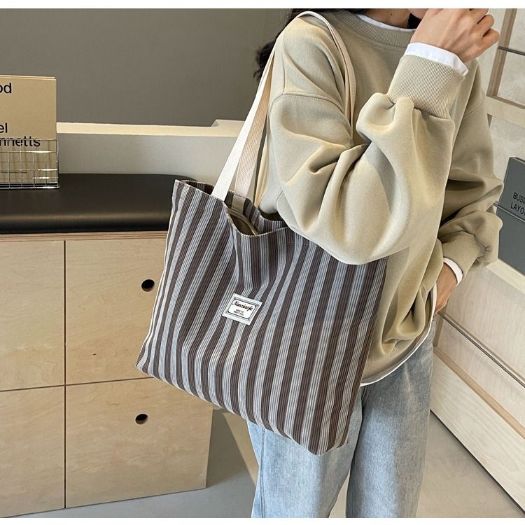 Large Capacity Corduroy Tote Bag for Women Fashion Commuter Shoulder Bag INS Style Student Book Bag Vertical Striped Durable Lightweight Casual Shopper