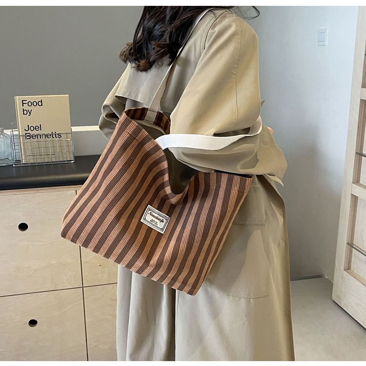 Large Capacity Corduroy Tote Bag for Women Fashion Commuter Shoulder Bag INS Style Student Book Bag Vertical Striped Durable Lightweight Casual Shopper