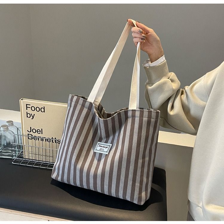 Large Capacity Corduroy Tote Bag for Women Fashion Commuter Shoulder Bag INS Style Student Book Bag Vertical Striped Durable Lightweight Casual Shopper